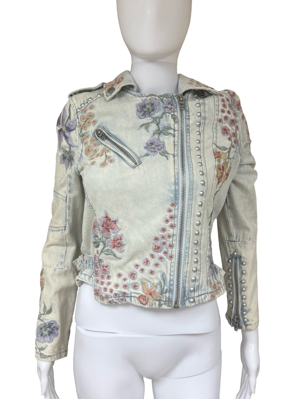 Blank NYC Light Blue Floral Embroidered Denim Jacket